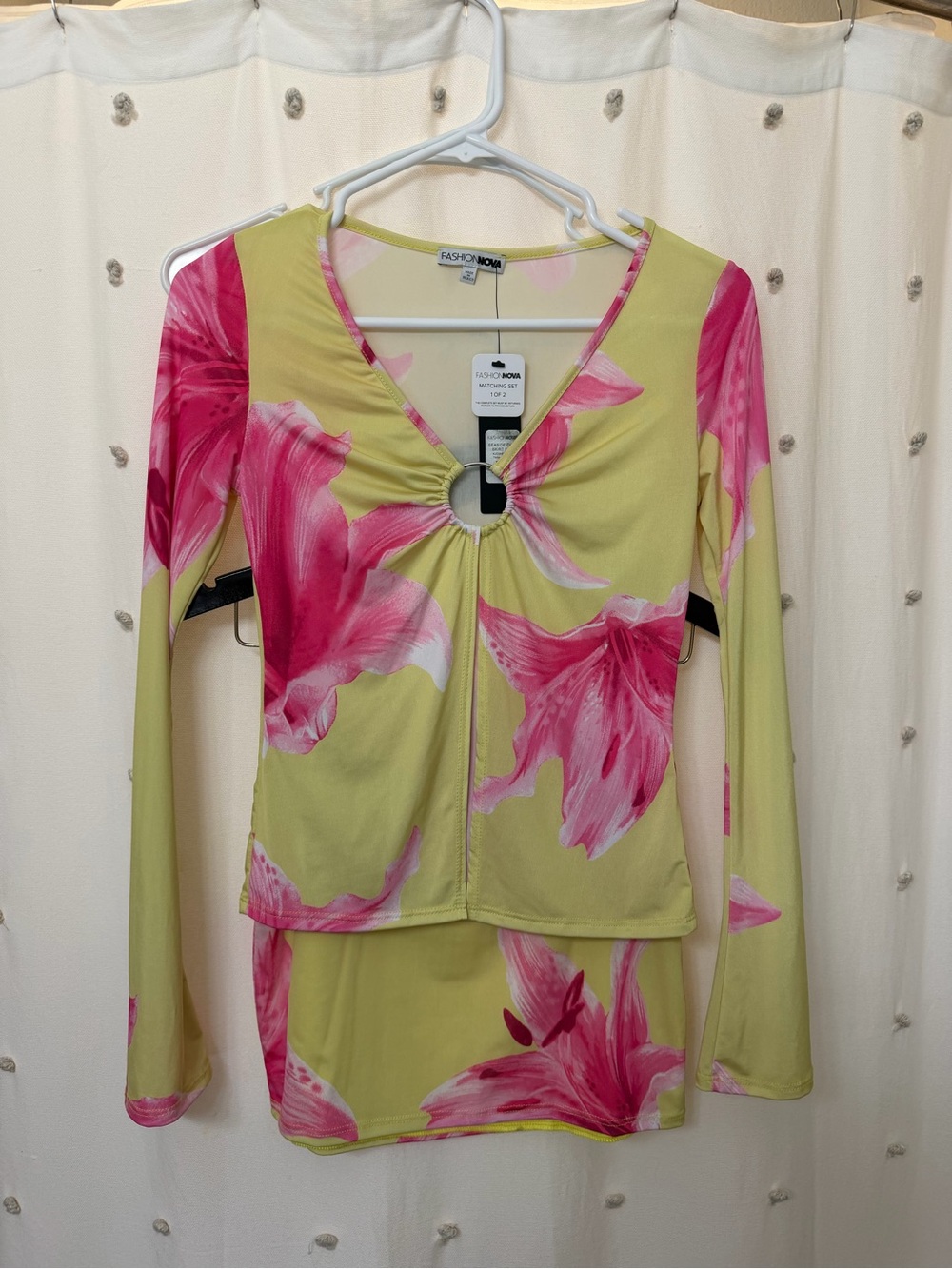 Fashion Nova Yellow & Hot Pink Floral Long Sleeve Keyhole Top and Mini Skirt Set